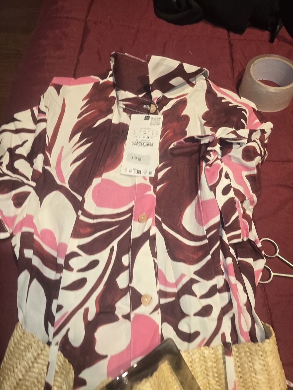 Zara Burgundy and Pink Patterned Midi Dress - Picture 7 of 7